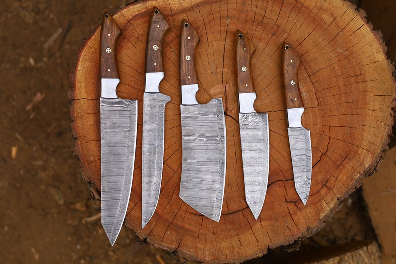 Set 5 Pcs Damascus Steel Blade With Wood Handle Kitchen Knives Set Birthday Gift for Him Father's Day Gifts