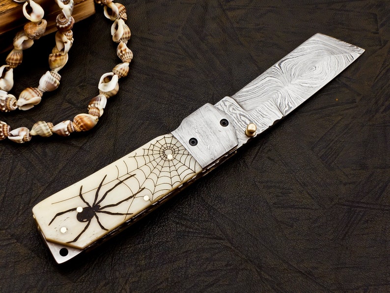 Damascus Folding knife Engraved Handle Genuine Damascus Steel