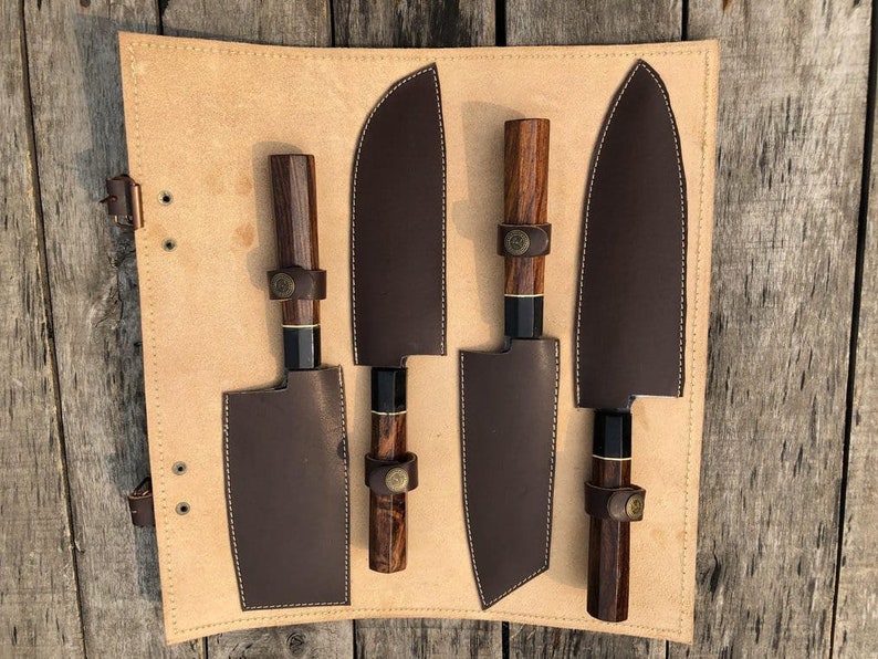 San Mai Chef, Nakiri, Kiritsuke, Santoku and Utility Knife with Wooden Handles