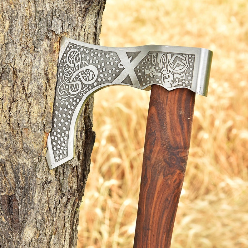 Medieval Viking Ornate Bearded Axe - Hand Crafted Carbon Steel Engraved