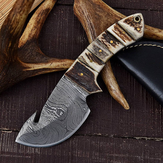 Damascus Steel Outdoor Knife - Full Tang Gut Hook  Stag Handle Hunting Knife