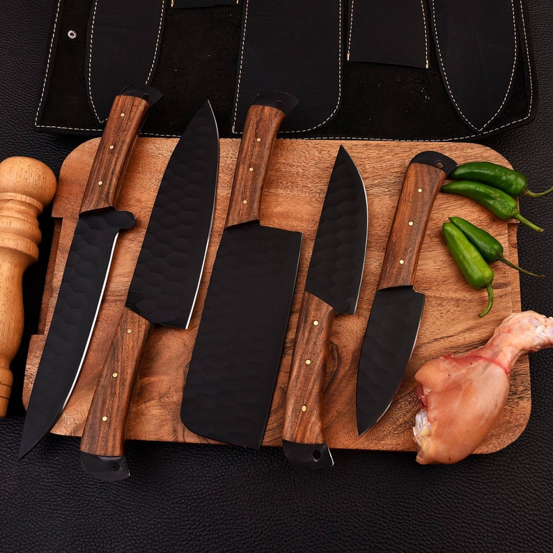 5-Piece Hand Forged Damascus Steel Chef Knife Set with Leather Roll