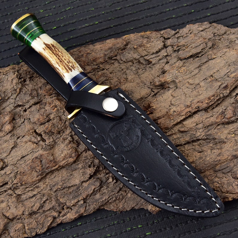 Damascus Steel Staghorn Outdoor Knife - Fixed Blade Clip Point Hunting Knife w/ Deer Antler & Leather Handle