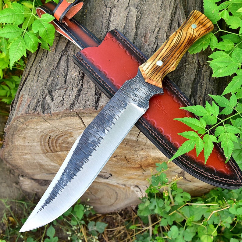 Forged Full Tang Outdoor Machete Knife with Hand Tooled Genuine Leather Sheath | Wood Handle