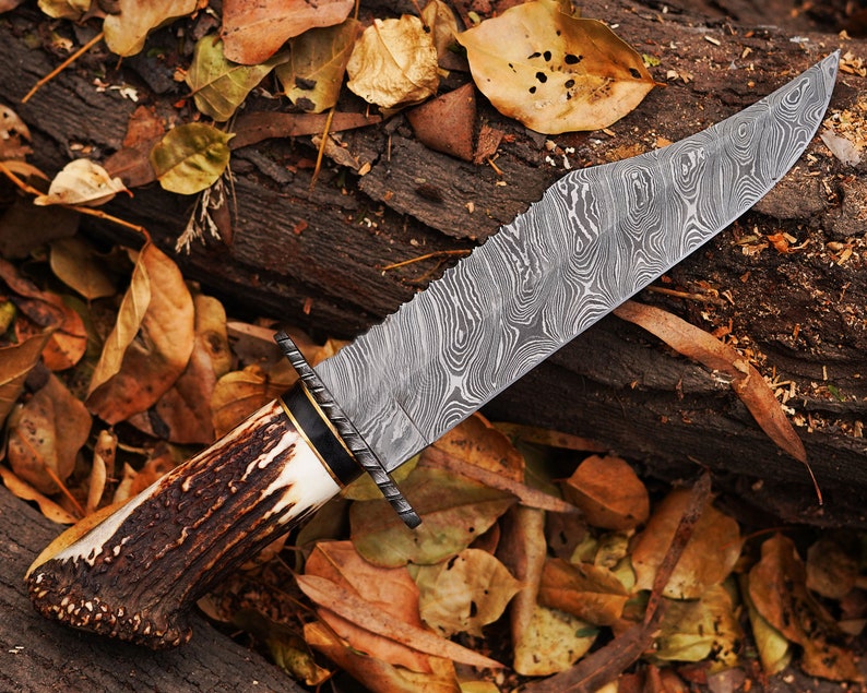 Hunting Knife Custom Handmade Damascus Steel Blade With Stag Horn Handle.