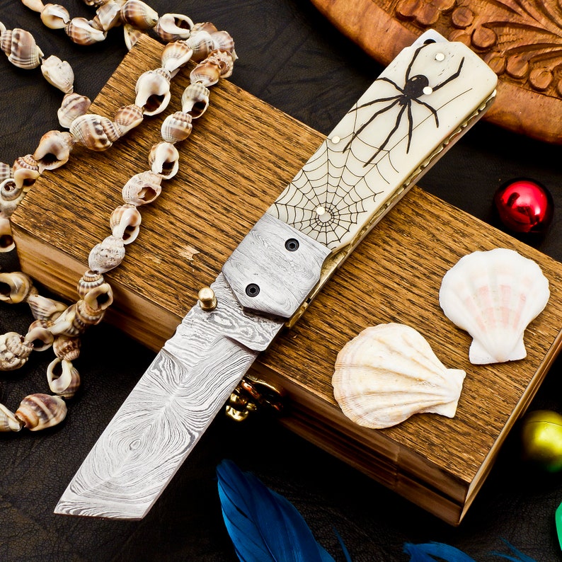 Damascus Folding knife Engraved Handle Genuine Damascus Steel