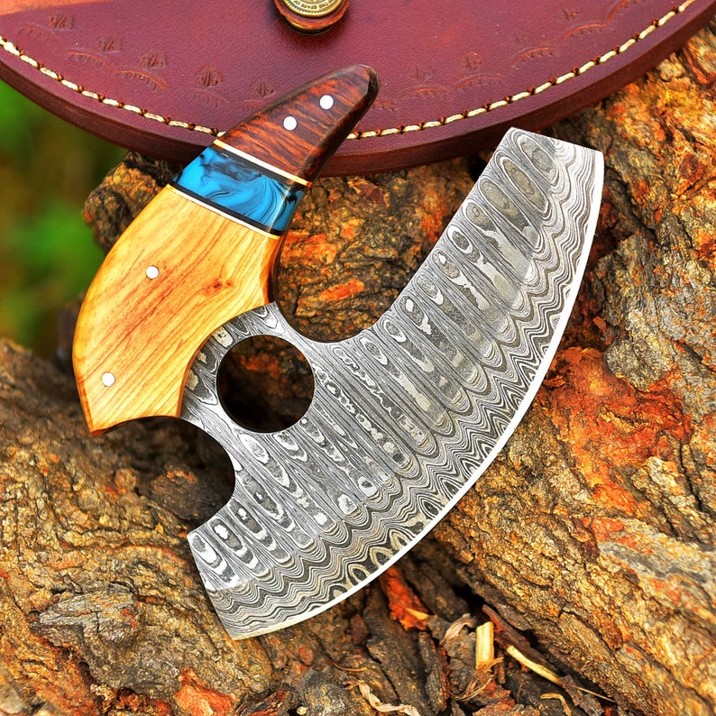 Handmade Damascus Ulu Knife Vintage Alaskan Kitchen Knife Chef Knife Comes With Genuine Leather Sheath