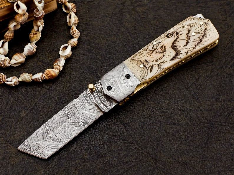 Damascus Folding knife Engraved Handle Genuine Damascus Steel With Leather Sheath Cover