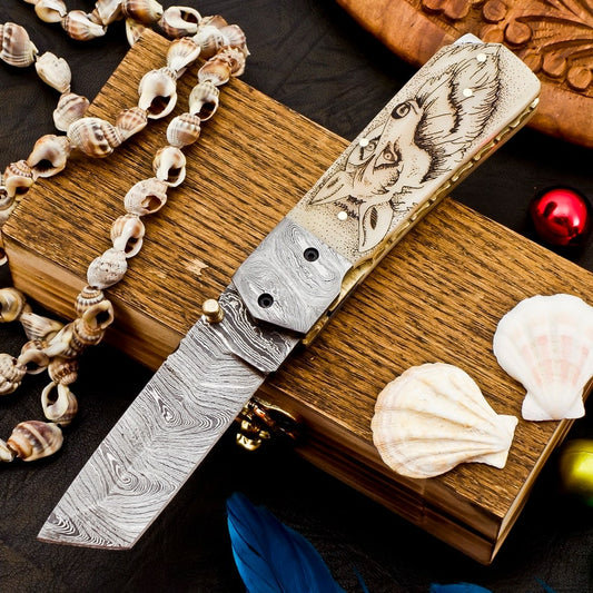 Damascus Folding knife Engraved Handle Genuine Damascus Steel With Leather Sheath Cover