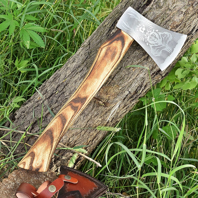 The Wolf Carbon Steel Outdoor Camping Axe - Hand Crafted Functioning  Engraved Bushcraft Axe with Leather Sheath