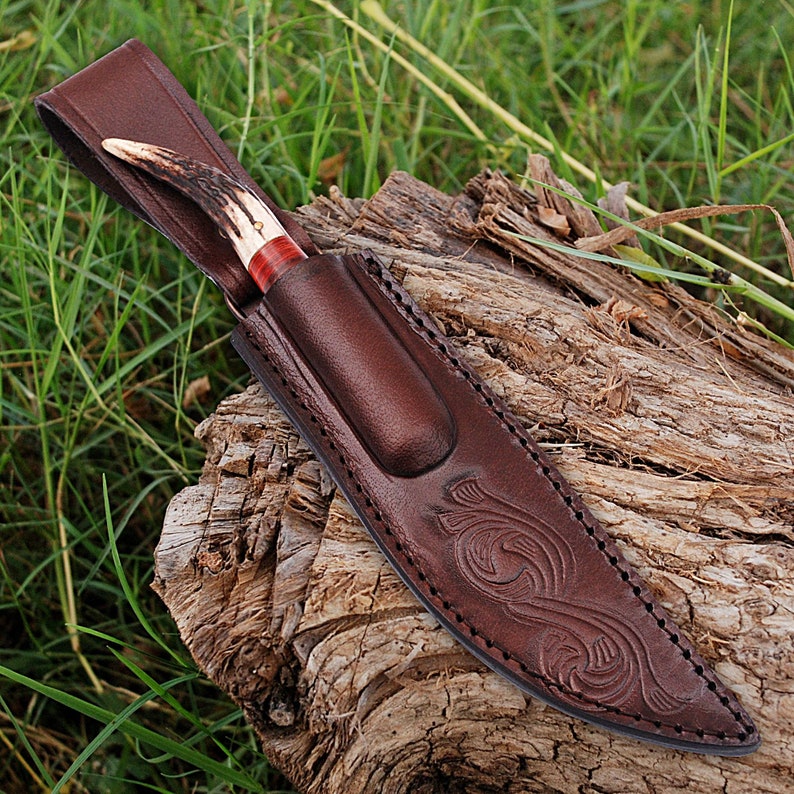 Hunting Knife Stag Handle - Handmade Trailing Point Collectible Outdoor Knife with Leather Sheath