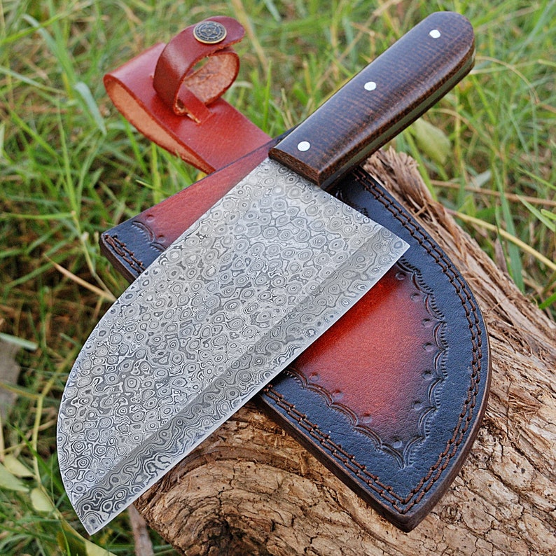 Damascus Steel Serbian Cleaver Knife - Handmade Full Tang Collectible Blended Steel Kitchen Knife with Leather Sheath