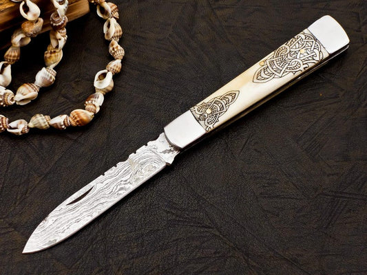 Hand Forged Damascus Folding Knife With Bone Handle , Hand Made Damascus Pocket Knife