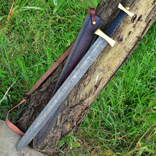 Damascus Steel Spatha Medieval Inspired Historical Sword with Brass Accents and Leather Sheath