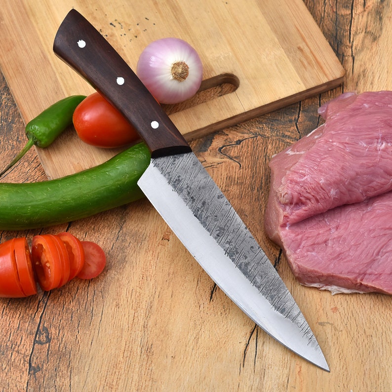 Hand Forged Carbon Steel Full Tang Drop Point Professional Chef Knife Cutlery with Textured Finish