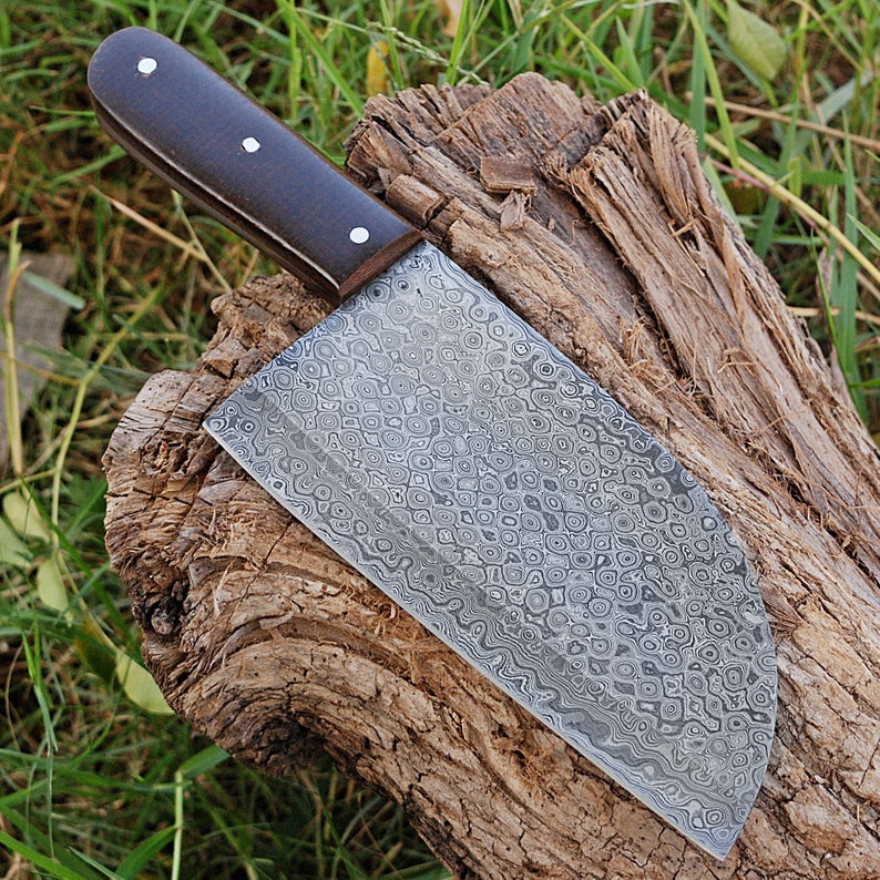 Damascus Steel Serbian Cleaver Knife - Handmade Full Tang Collectible Blended Steel Kitchen Knife with Leather Sheath