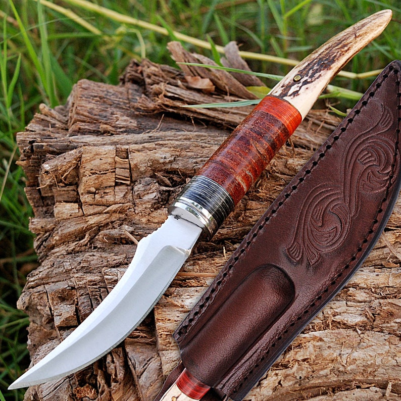 Hunting Knife Stag Handle - Handmade Trailing Point Collectible Outdoor Knife with Leather Sheath