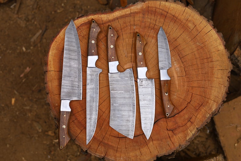 Set 5 Pcs Damascus Steel Blade With Wood Handle Kitchen Knives Set Birthday Gift for Him Father's Day Gifts