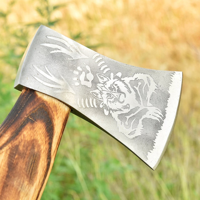 The Wolf Carbon Steel Outdoor Camping Axe - Hand Crafted Functioning  Engraved Bushcraft Axe with Leather Sheath