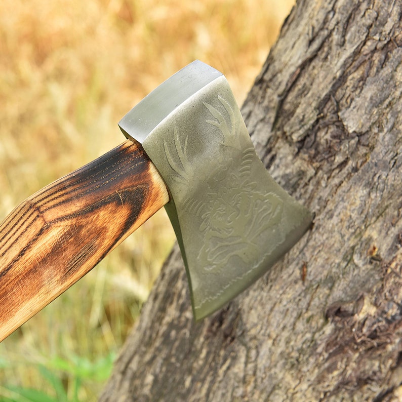 The Wolf Carbon Steel Outdoor Camping Axe - Hand Crafted Functioning  Engraved Bushcraft Axe with Leather Sheath