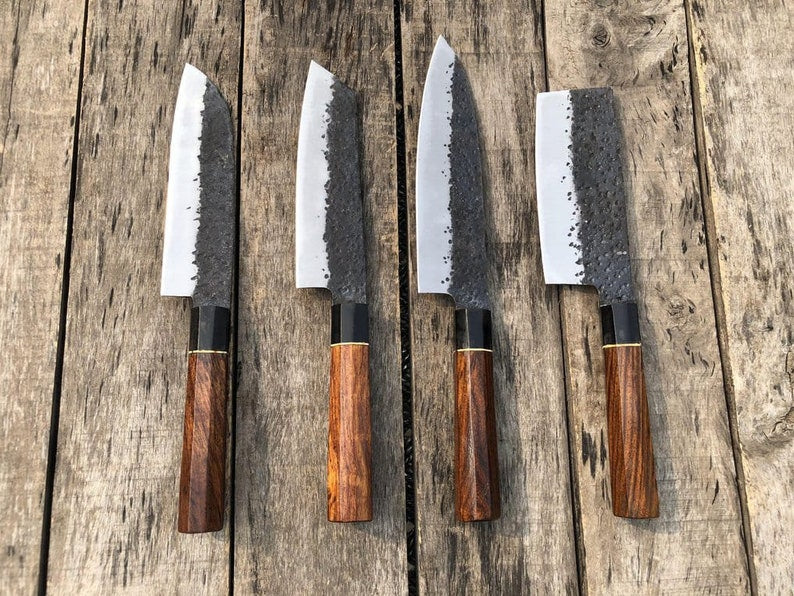 San Mai Chef, Nakiri, Kiritsuke, Santoku and Utility Knife with Wooden Handles