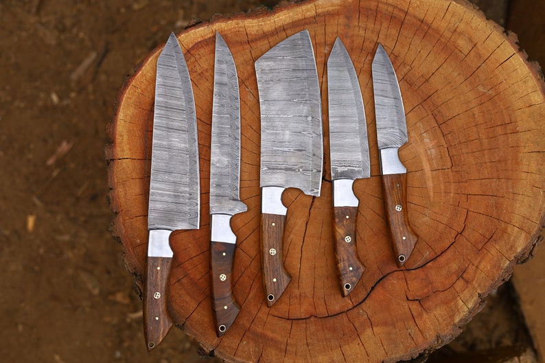 Set 5 Pcs Damascus Steel Blade With Wood Handle Kitchen Knives Set Birthday Gift for Him Father's Day Gifts