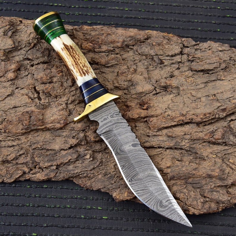 Damascus Steel Staghorn Outdoor Knife - Fixed Blade Clip Point Hunting Knife w/ Deer Antler & Leather Handle