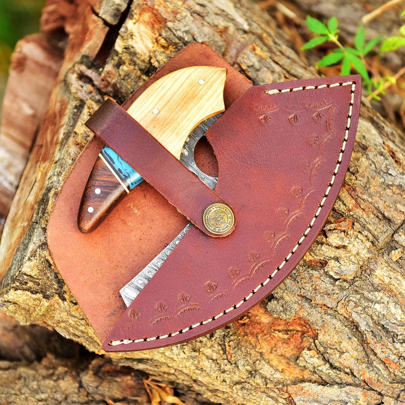 Handmade Damascus Ulu Knife Vintage Alaskan Kitchen Knife Chef Knife Comes With Genuine Leather Sheath