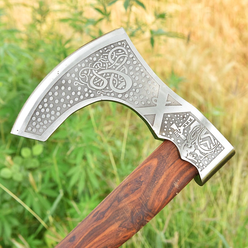 Medieval Viking Ornate Bearded Axe - Hand Crafted Carbon Steel Engraved