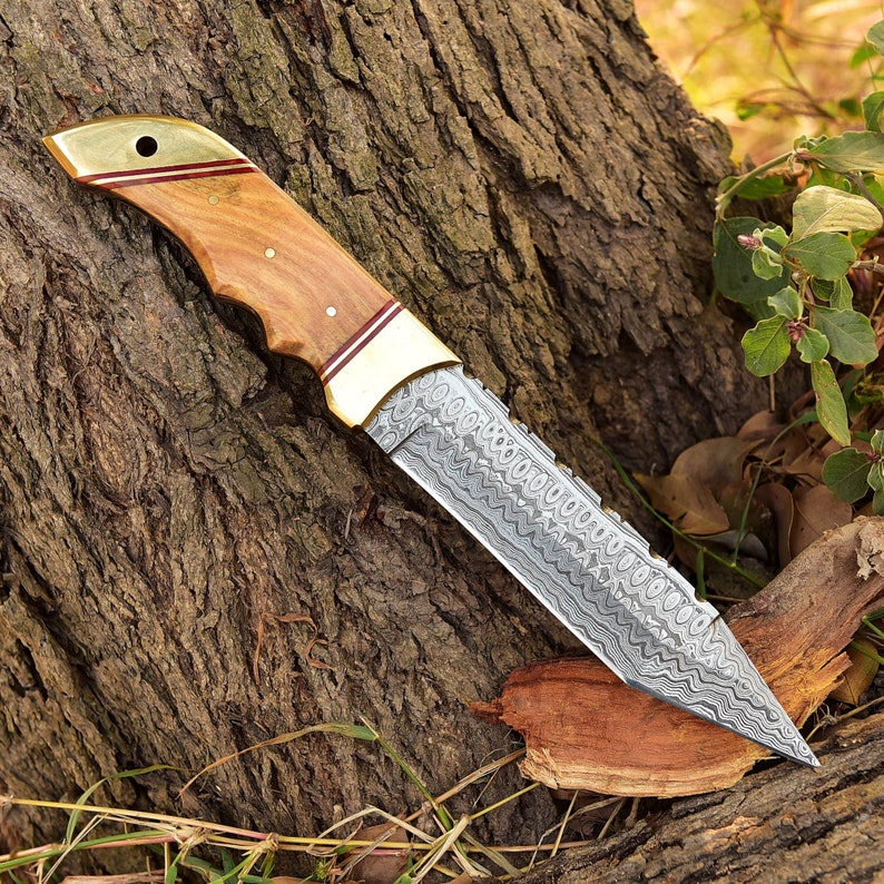 Damascus Steel Tanto Hunting Knife w/ Genuine Leather Sheath