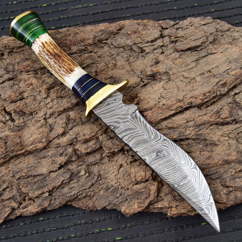 Damascus Steel Staghorn Outdoor Knife - Fixed Blade Clip Point Hunting Knife w/ Deer Antler & Leather Handle