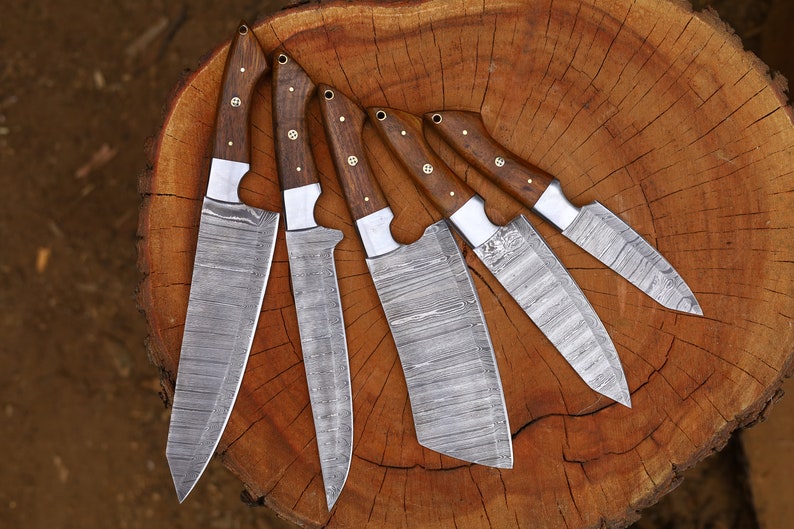 Set 5 Pcs Damascus Steel Blade With Wood Handle Kitchen Knives Set Birthday Gift for Him Father's Day Gifts