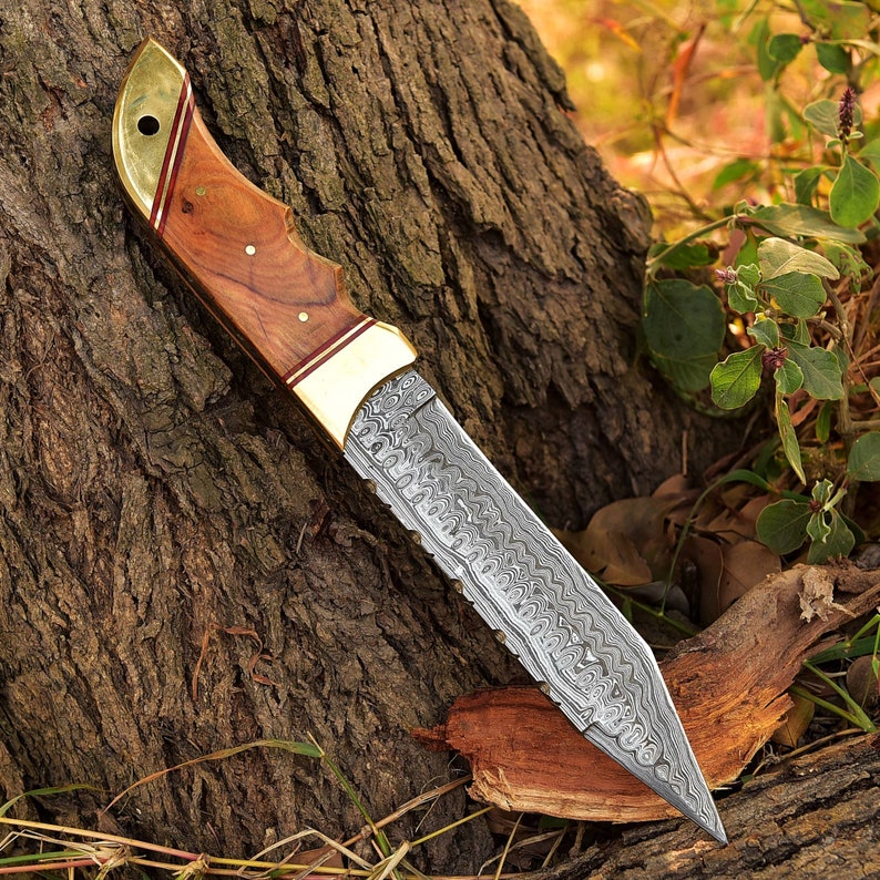 Damascus Steel Tanto Hunting Knife w/ Genuine Leather Sheath