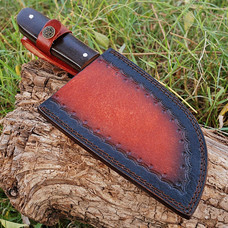 Damascus Steel Serbian Cleaver Knife - Handmade Full Tang Collectible Blended Steel Kitchen Knife with Leather Sheath