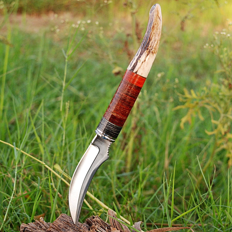 Hunting Knife Stag Handle - Handmade Trailing Point Collectible Outdoor Knife with Leather Sheath