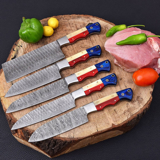 Damascus Chef Knife Set of 5 | Scalloped Blades Custom Made Cooking Kitchen Prep Knives