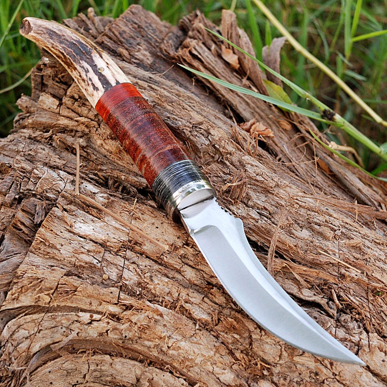 Hunting Knife Stag Handle - Handmade Trailing Point Collectible Outdoor Knife with Leather Sheath