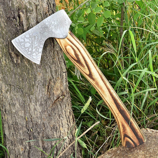 High Carbon Steel Outdoor Axe- Hand Crafted Functional Beautiful Engraved Camping Axe with Leather Sheath