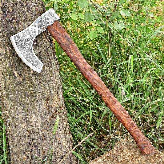 Medieval Viking Ornate Bearded Axe - Hand Crafted Carbon Steel Engraved