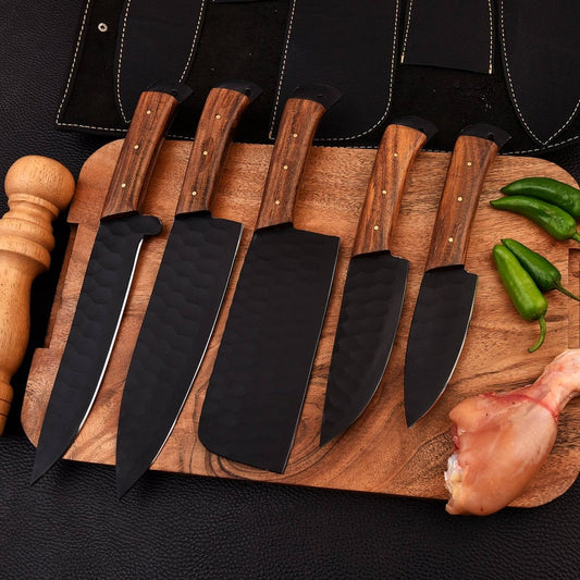 5-Piece Hand Forged Damascus Steel Chef Knife Set with Leather Roll