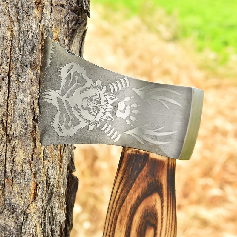 The Wolf Carbon Steel Outdoor Camping Axe - Hand Crafted Functioning  Engraved Bushcraft Axe with Leather Sheath