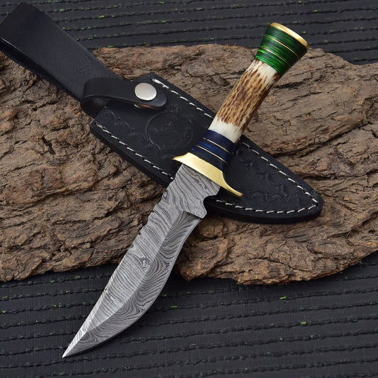 Damascus Steel Staghorn Outdoor Knife - Fixed Blade Clip Point Hunting Knife w/ Deer Antler & Leather Handle