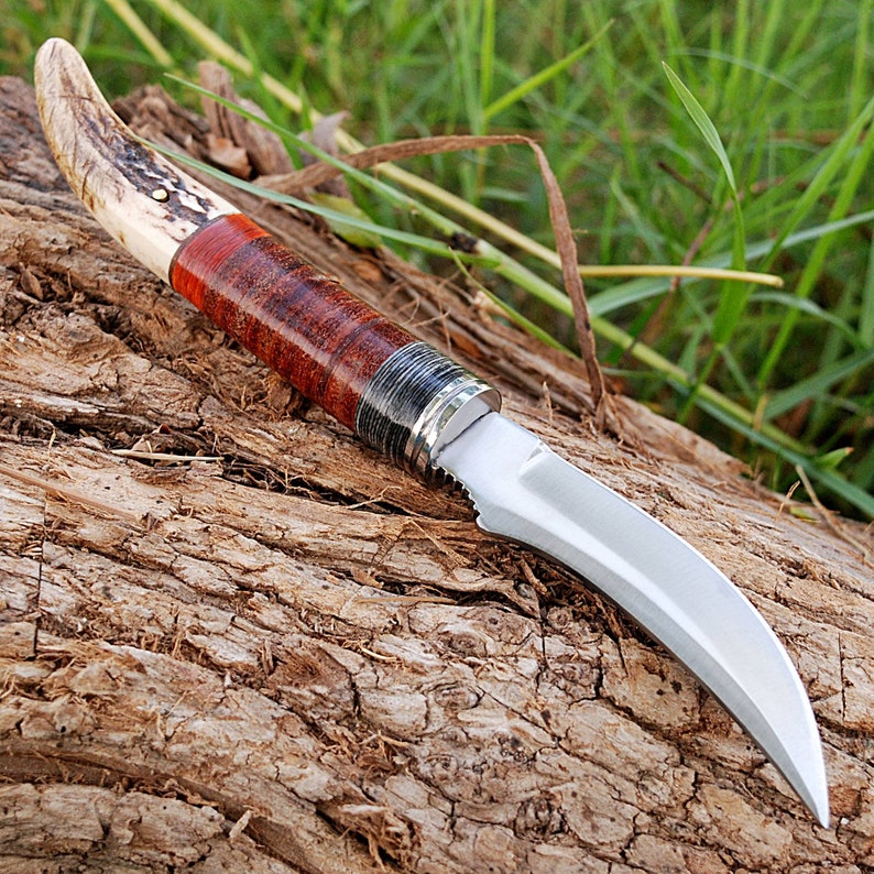 Hunting Knife Stag Handle - Handmade Trailing Point Collectible Outdoor Knife with Leather Sheath