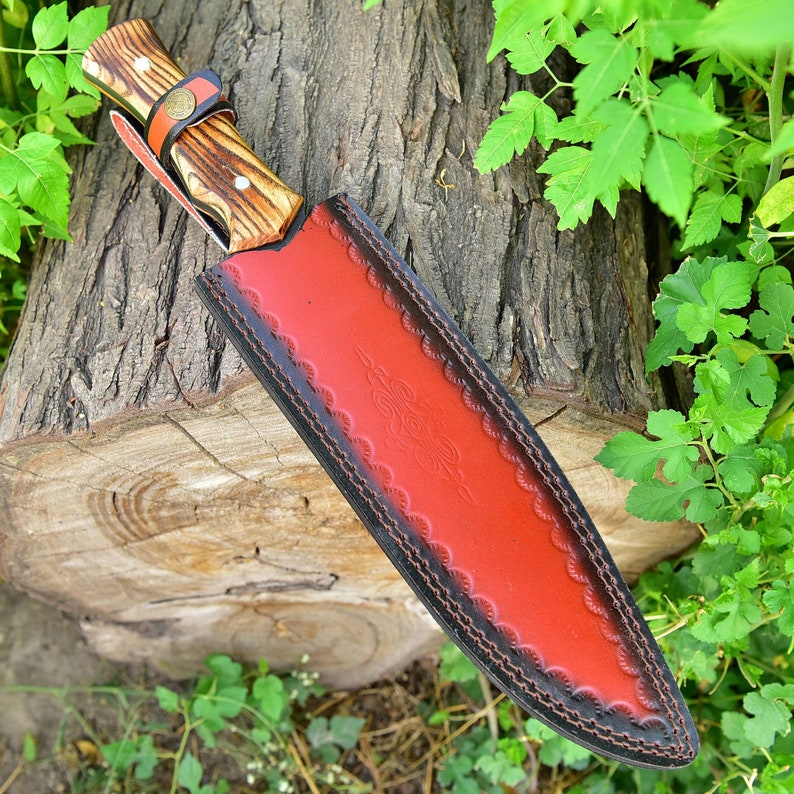 Forged Full Tang Outdoor Machete Knife with Hand Tooled Genuine Leather Sheath | Wood Handle