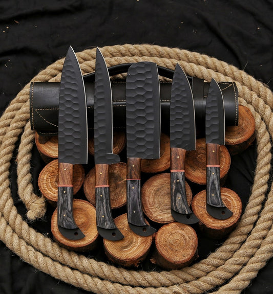 5pcs Damascus steel chef set,Hand forged  Damascus knife set, chef knife set, Damascus kitchen knife se