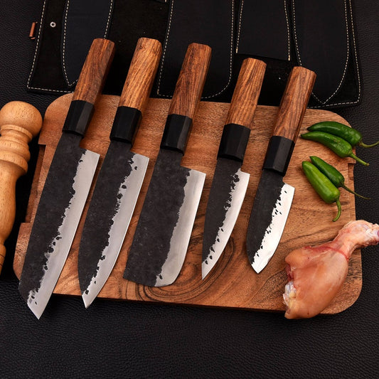 5-Piece Hand Forged San Mai Chef Knife Set with Wooden Sheaths