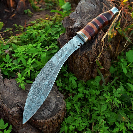 Handmade Damascus Kukri Knife With Leather Sheath, Survival Knife, Camping Knife