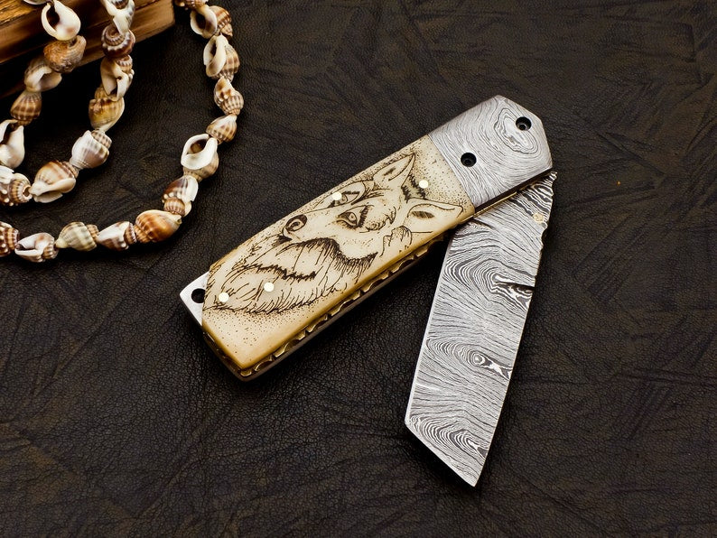 Damascus Folding knife Engraved Handle Genuine Damascus Steel With Leather Sheath Cover