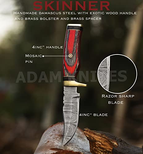 ADAM KNIVES Handmade Damascus Steel Hunting Knife | Skinning Knife | Skinner Knife | 102 Woodsman Fixed Blade Hunting Knife With Leather Sheath | Unique Gift (Red & Black)