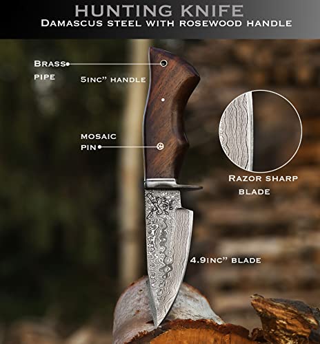 ADAM KNIVES 10-inch Handmade Damascus Hunting Knife, Fixed Blade Knife With Leather Sheath, Non Slip Wood Handle (American)